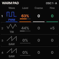 the sound editor: the four oscillators of WARM PAD