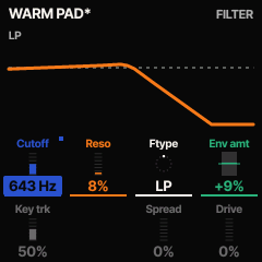 the filter screen of WARM PAD: the low-pass curve over cutoff, resonance, filter type and envelope amount